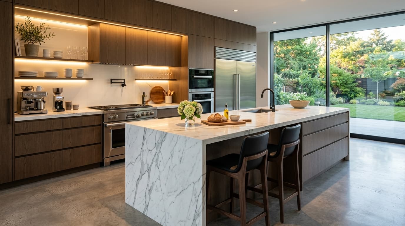 Designing Luxury Kitchen Islands with Marble & Under-Cabinet LED Lighting