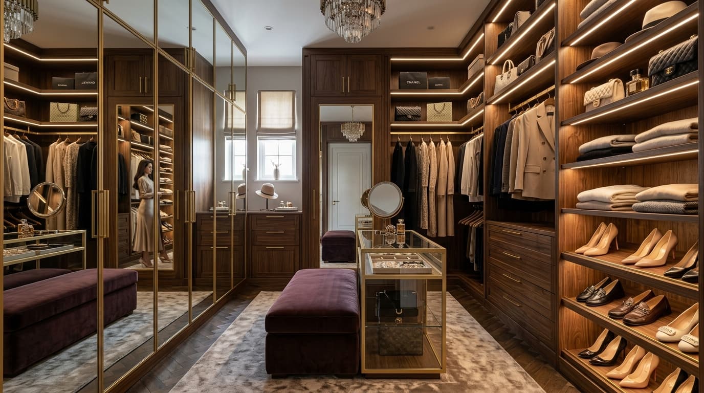 Premium Walk-In Wardrobes: Mirrors, LED Shelving & Gold Handles