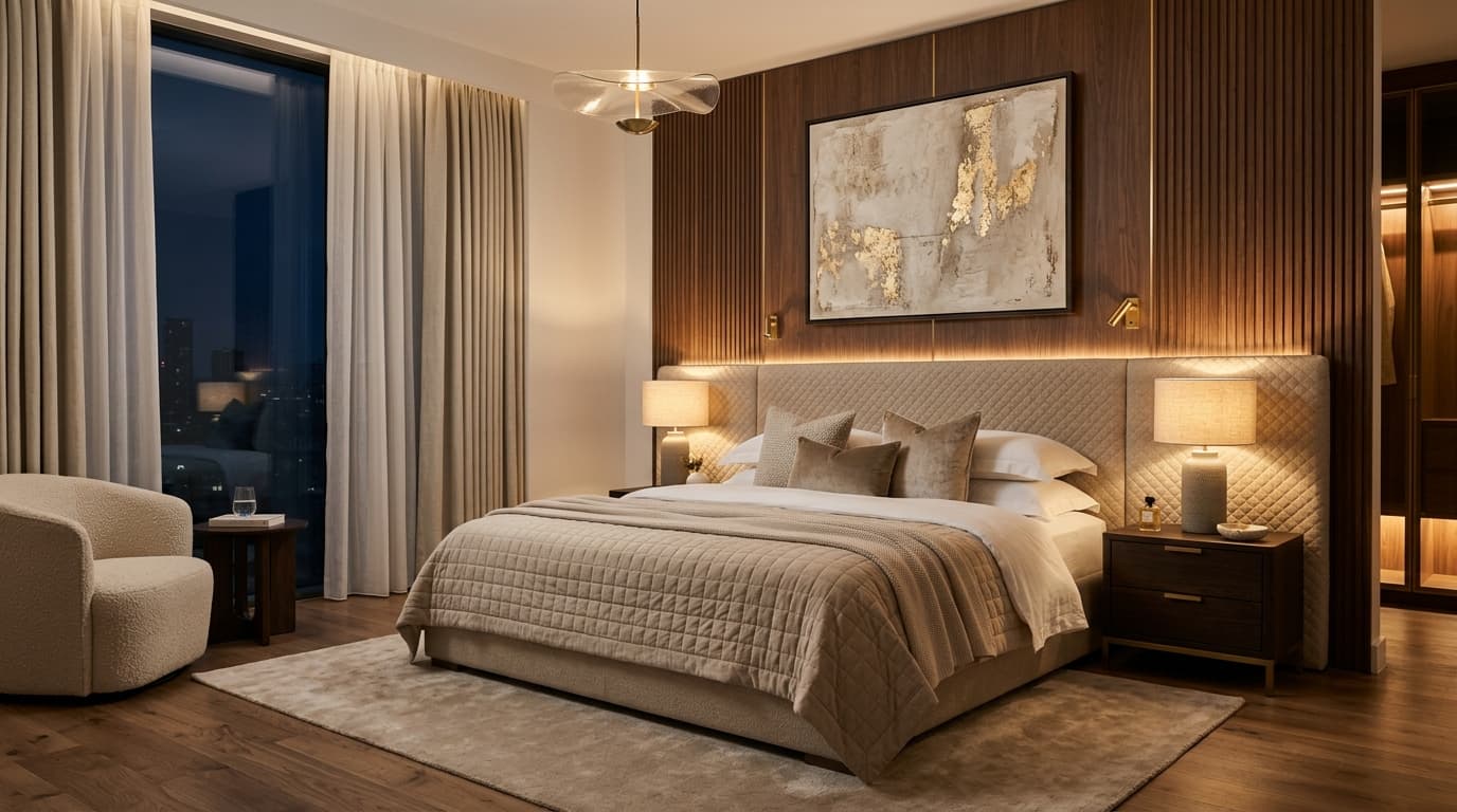 Contemporary Master Suite Interiors: Ambient Lighting & Quilted Headboards